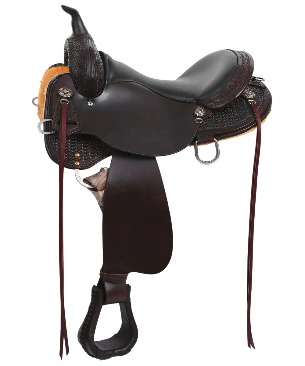 Circle Y Arrow Creek Trail Saddle featuring the walnut leather finish, basketweave tooling, 16" black seat, regular tree, and a 4" cantle