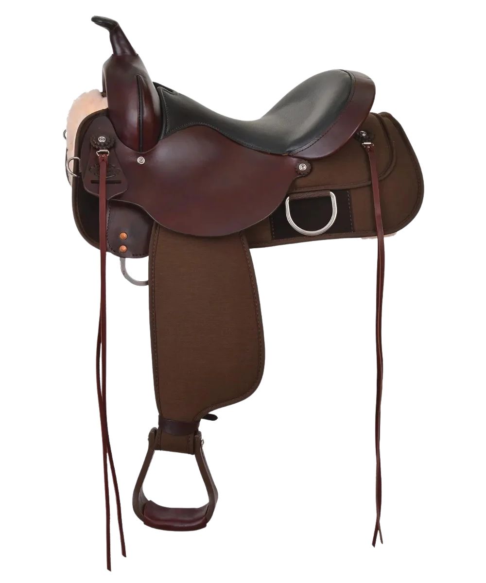 Left side view of the walnut leather Circle Y Lockhart Cordura Trail Saddle featuring the 16" black seat, saddle strings, extra wide tree, and cordura skirt and fenders