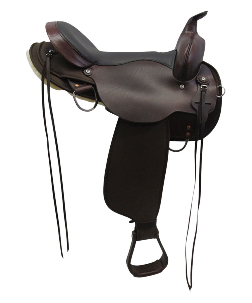 Right side view of the black leather finished trail saddle featuring the 4 leather saddle strings, cordura skirt and fenders, stainless steel hardware, and 4 saddle strings