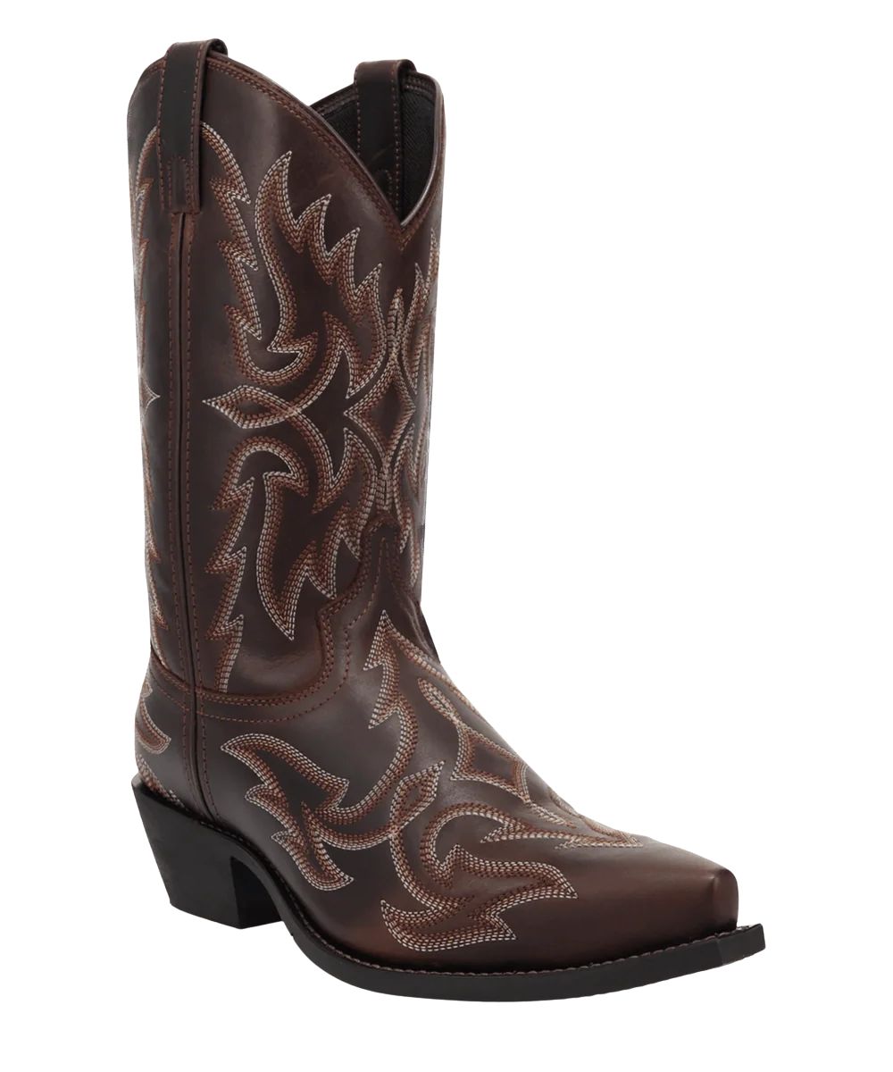 Right angled view of the men's tan/brown 12" leather western dress boot