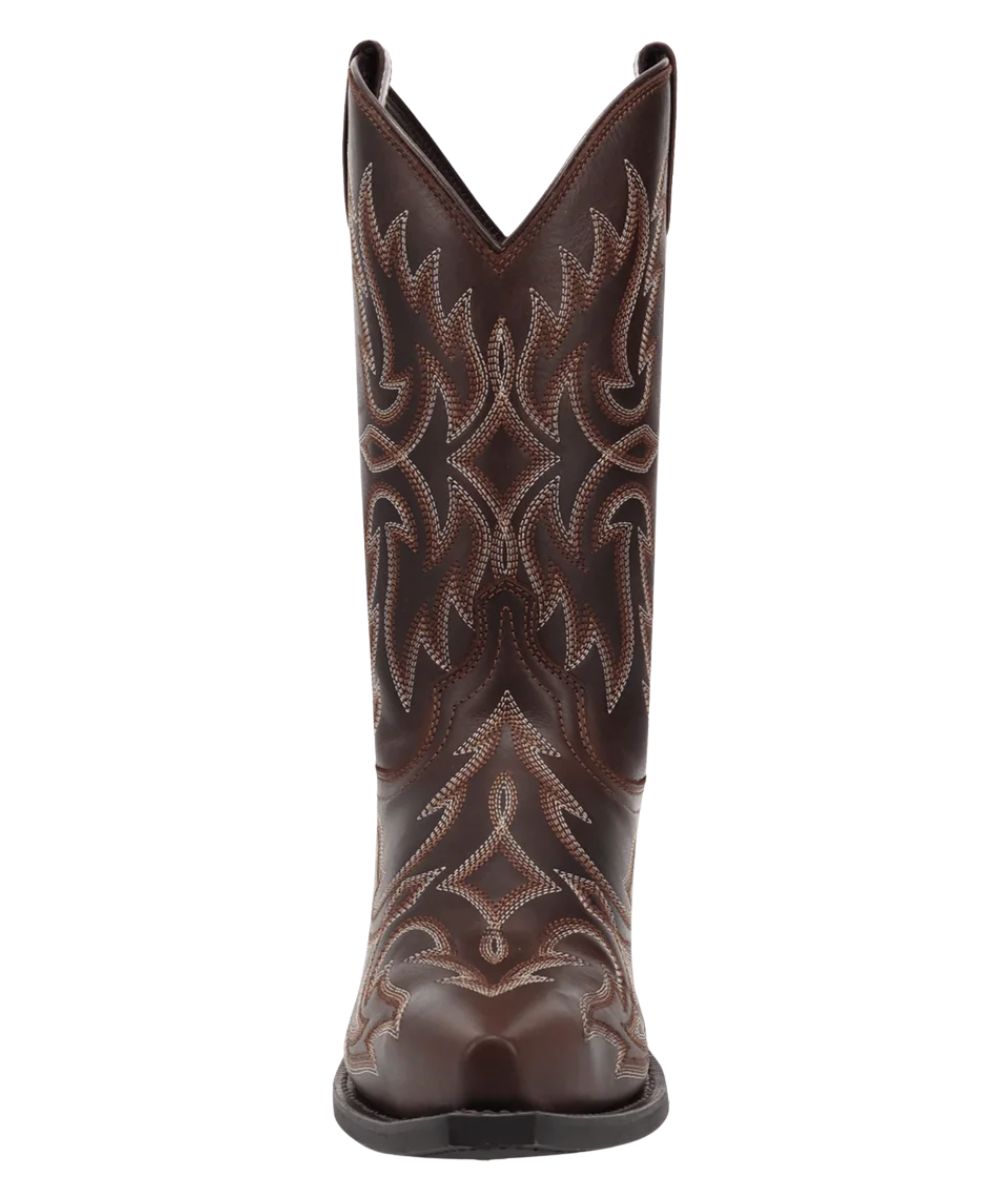 Front facing view of the men's brown leather boot featuring leather pull tabs for an easy on and a snip toe