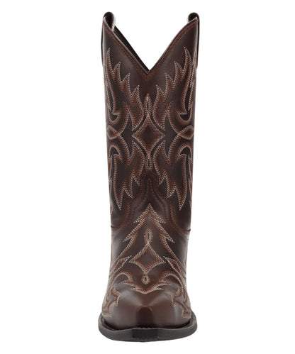Front facing view of the men's brown leather boot featuring leather pull tabs for an easy on and a snip toe