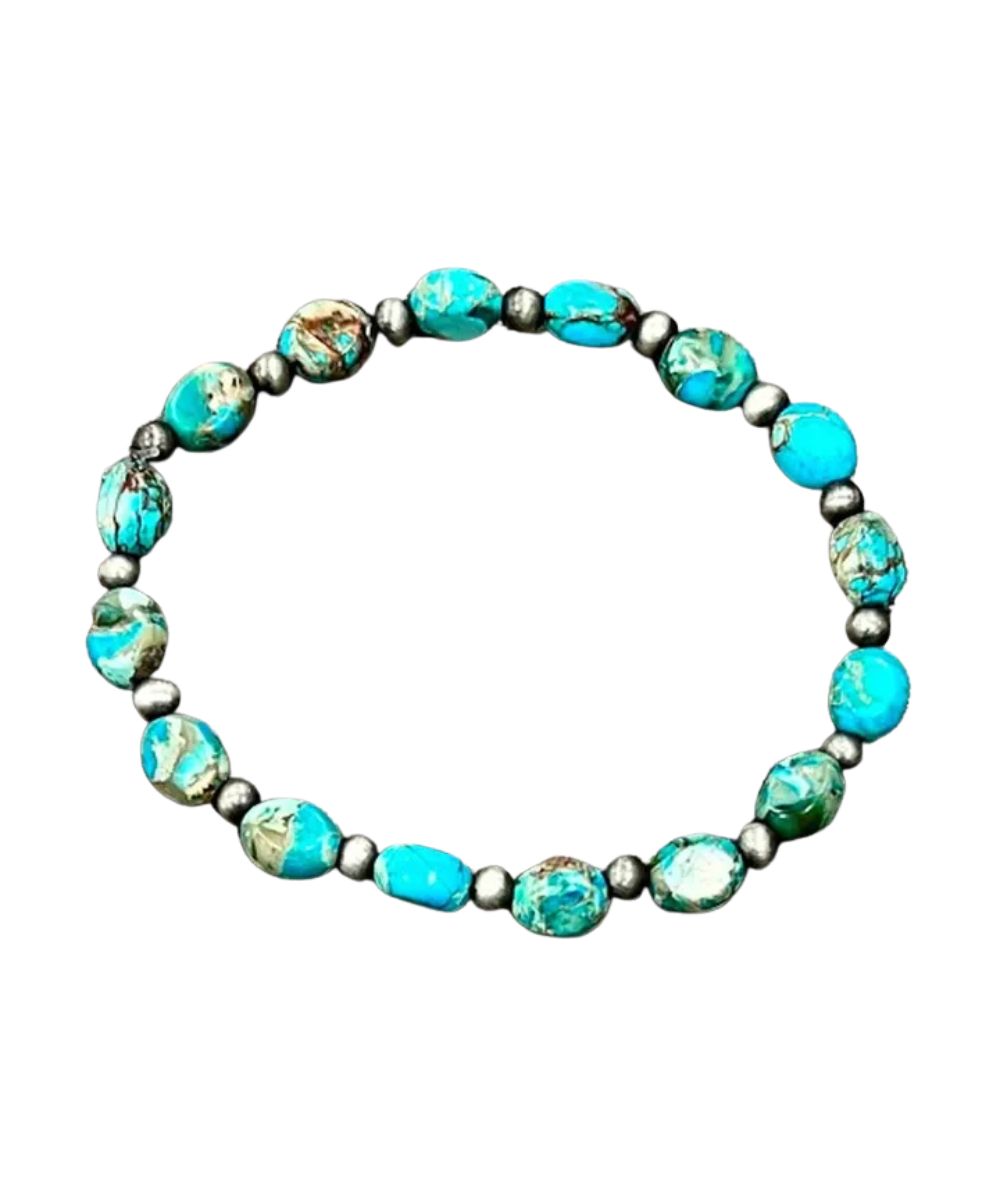 Flat view of the women's turquoise beaded Isac Trading Stretch Bracelet