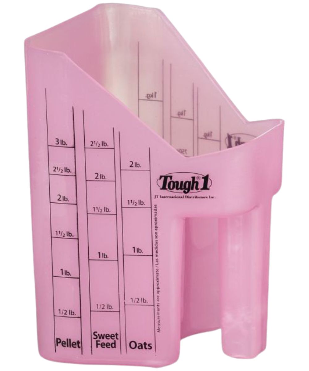 Left side view of the pink plastic feed scoop featuring measurements