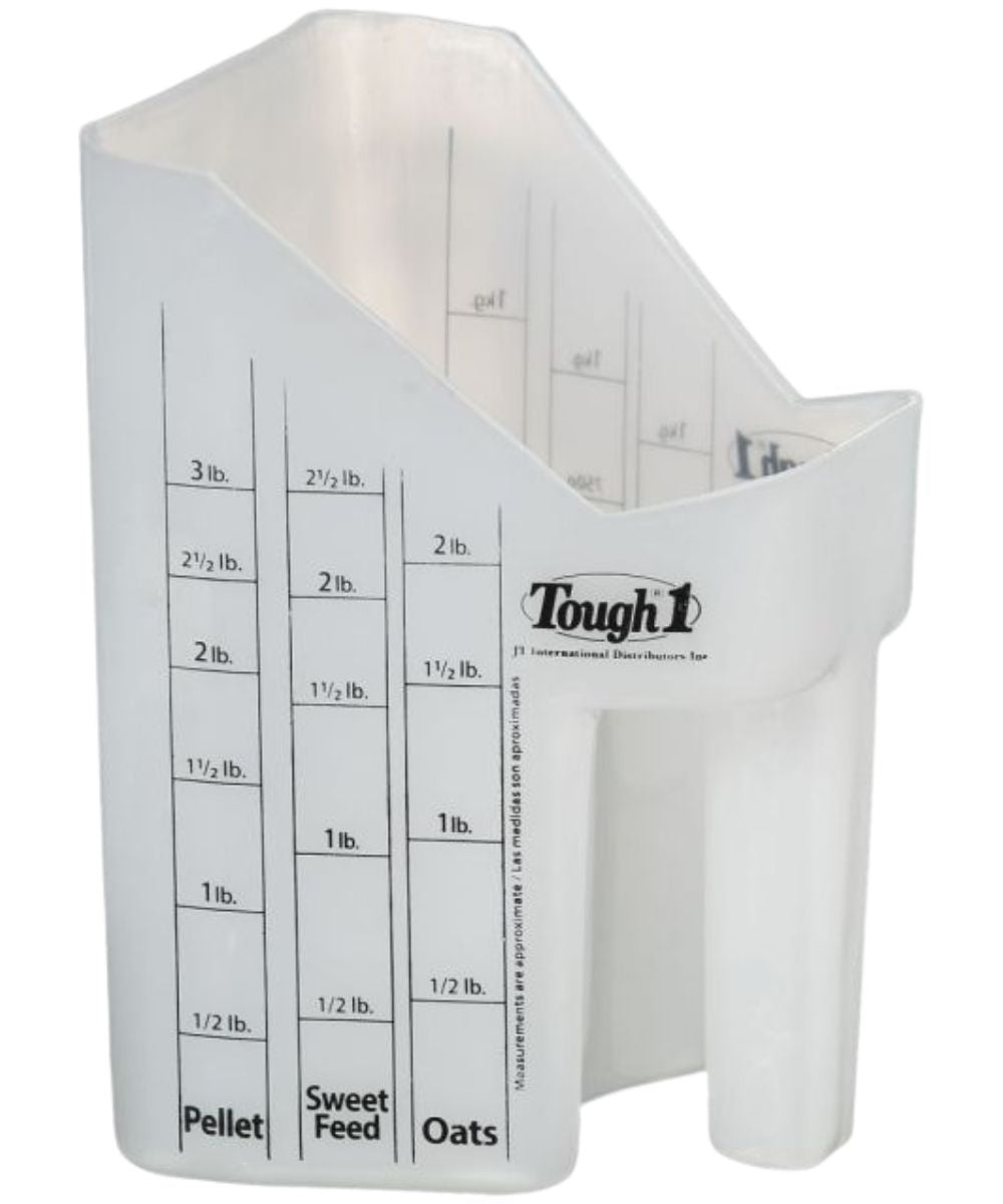 Left side view of the white plastic feed scoop featuring measurements