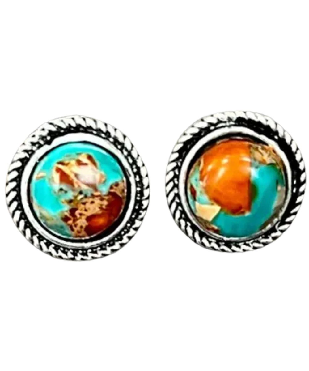 Front view of the women's round gemstone Isac Trading post back earrings