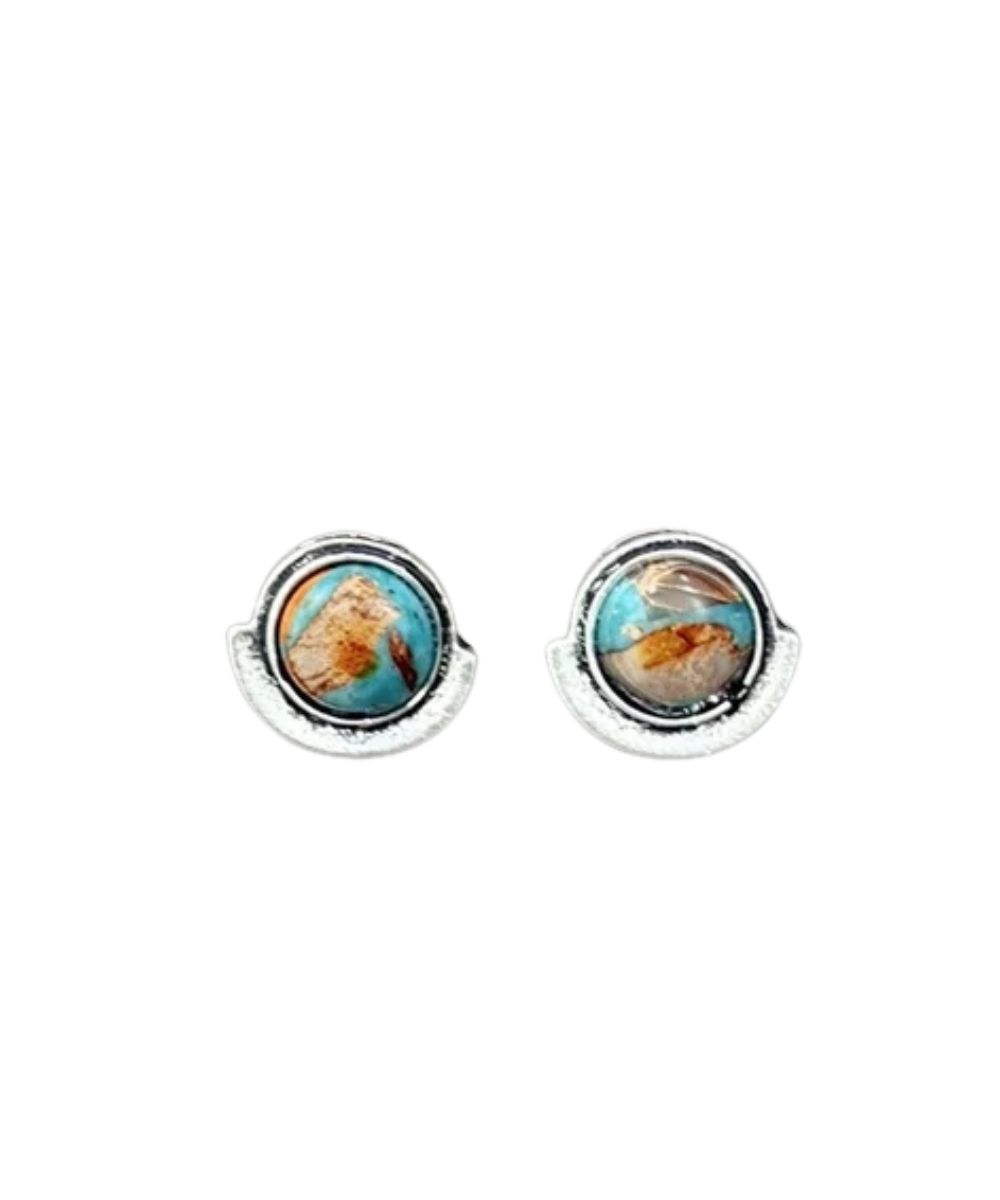 Front view of the women's silver & turquoise Isac Trading Stud Earrings featuring the 8mm round gemstone in the center