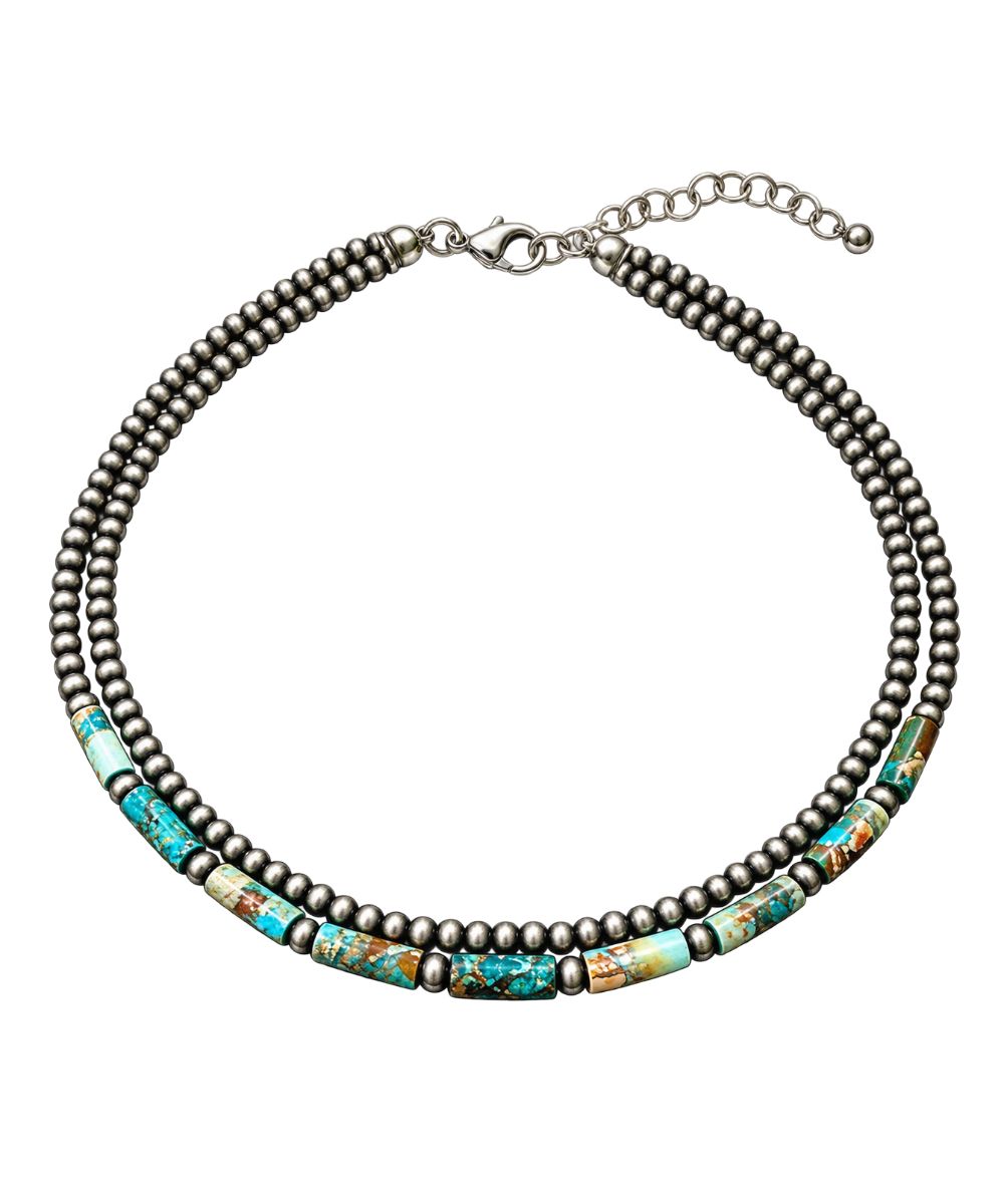 Flat view of the women's 2-strand necklace featuring the 15" length and a 5" extender