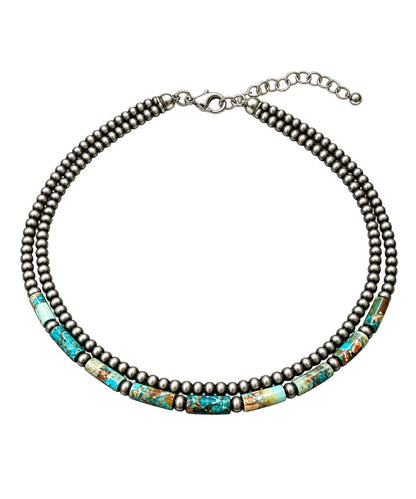 Flat view of the women's 2-strand necklace featuring the 15" length and a 5" extender