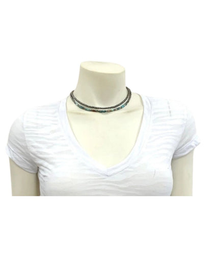 Model view of the women's silver Western Isac Trading Gemstone 2-Strand Necklace featuring the cylinder turquoise gemstone beads accented by the navajo-style beads