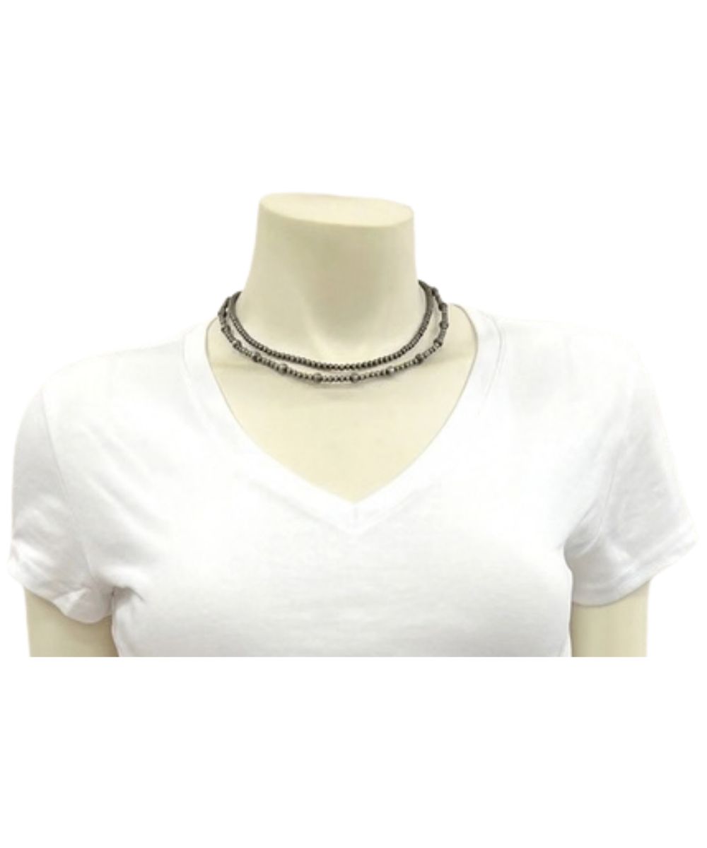 Model view of the women's navajo-style 2 strand Isac Trading necklace