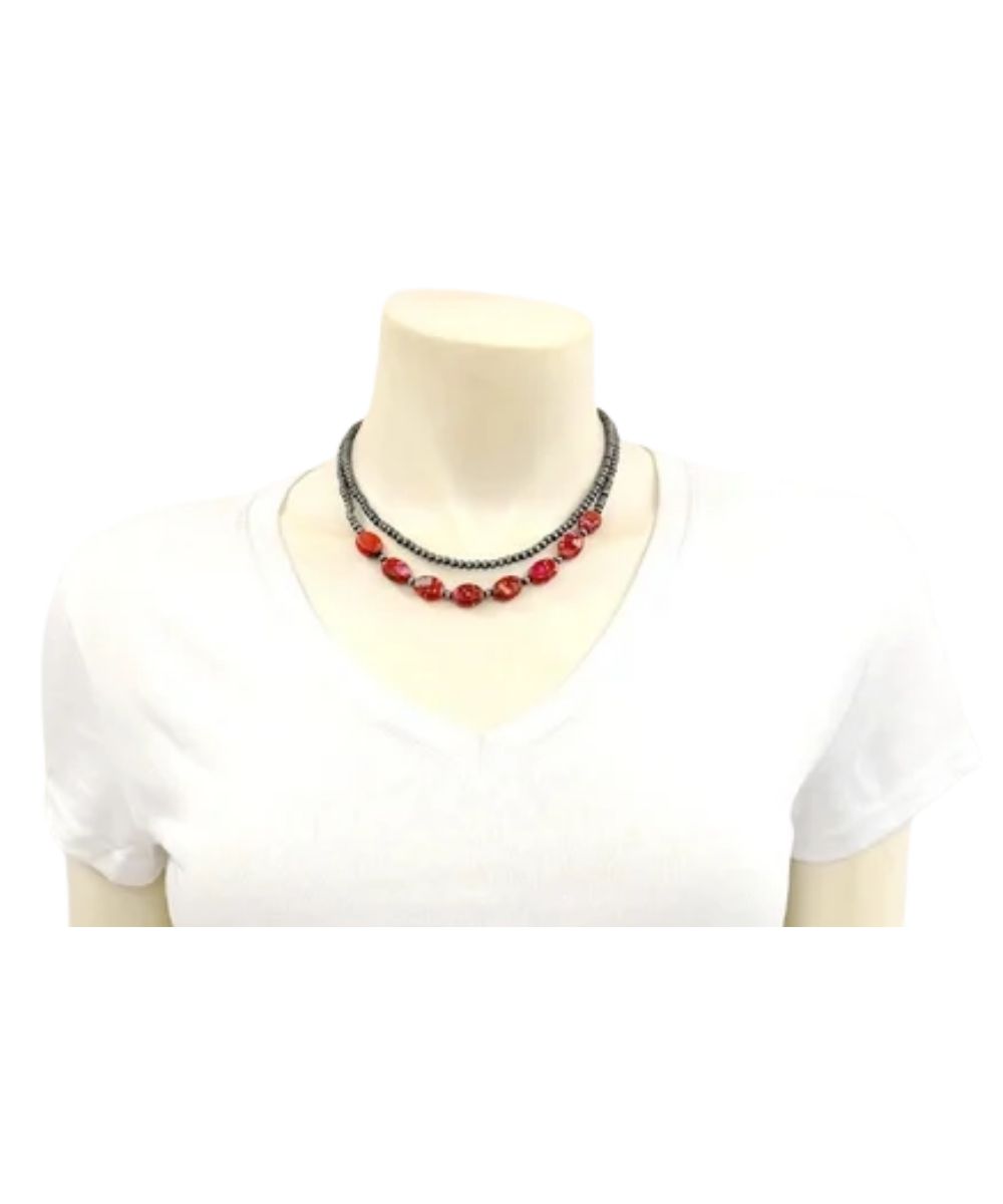 Model view of the women's coral gemstone Isac Trading 2-strand necklace 