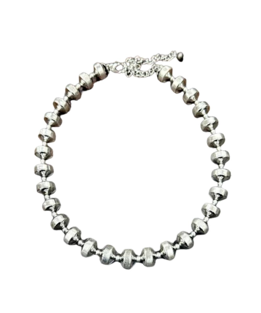 Flat view of the women's western beaded necklace featuring the choker-style design, 15" length with a 5" extender, and lobster claw clasp