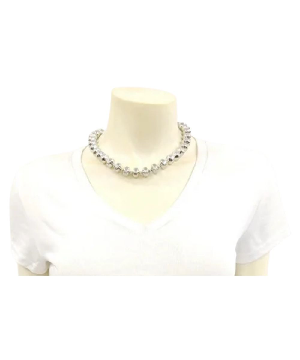 Model view of the women's silver Isac Trading Necklace featuring the rondelle disc-shaped beads and tiny sphere beads