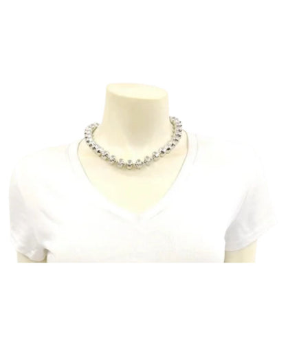 Model view of the women's silver Isac Trading Necklace featuring the rondelle disc-shaped beads and tiny sphere beads