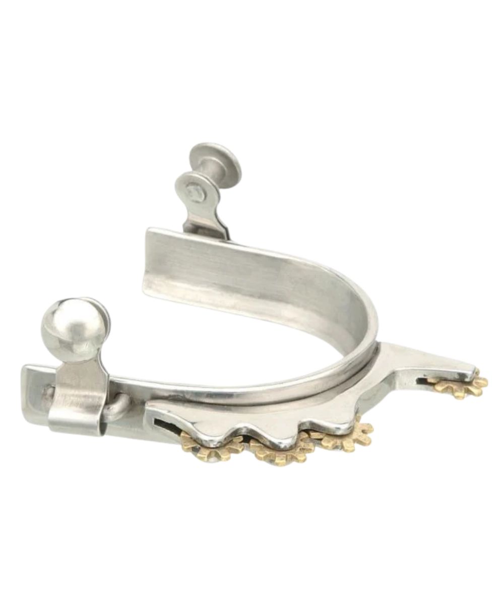 Side view of the stainless steel Tough1 Humane Rowel Spurs featuring the 4 brass 8-point rowels and the unique sideways placement that prevents having to twist leg sideways to make contact