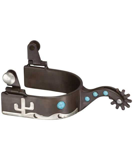 Women's antique brown spurs with silver cactus and moon cutout overlay accented with turquoise stones featuring a 10-point rowel.