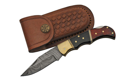 Double D Damascus Brown Black Wood Horn Handle Folding Pocket Knife
