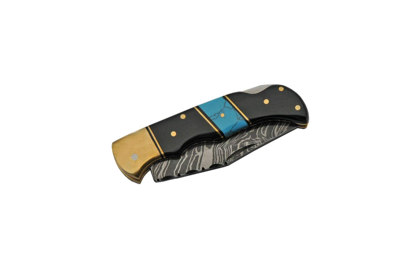 Damascus Hunting Turquoise Horn Handle Folding Knife