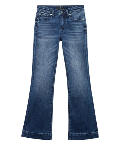 Front view of the girl's flare trouser jean featuring an internal adjustable waistband, whiskering, and hand sanding details