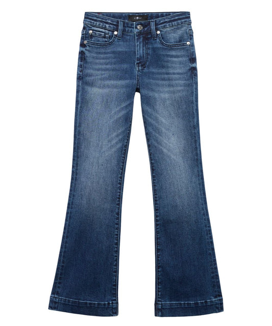 Front view of the girl's flare trouser jean featuring an internal adjustable waistband, whiskering, and hand sanding details