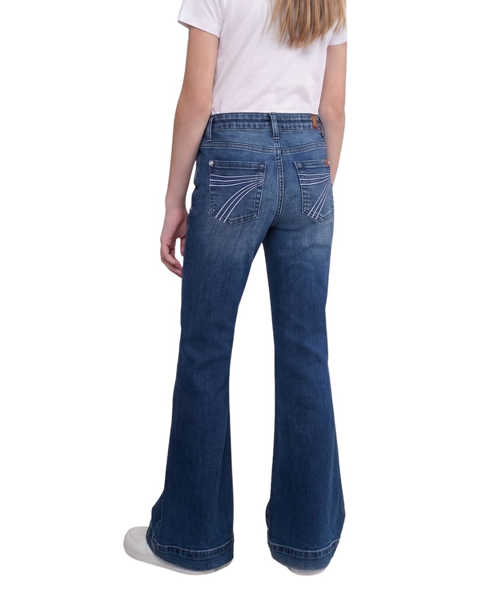Back view of the girl's medium wash flare trouser jean