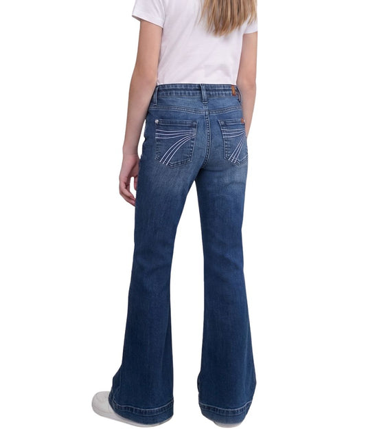 Back view of the girl's medium wash flare trouser jean