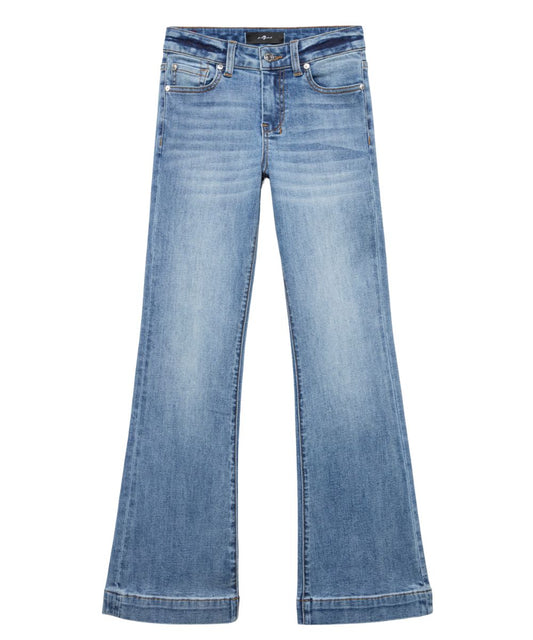 Front view of the girl's mid rise flare trouser jean featuring an internal adjustable waistband, whiskering, and hand sanding details