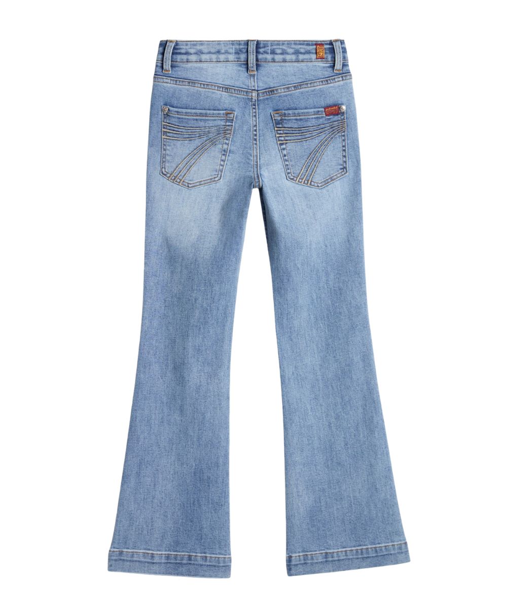 Back view of the girl's flare trouser jean in prophecy light wash color