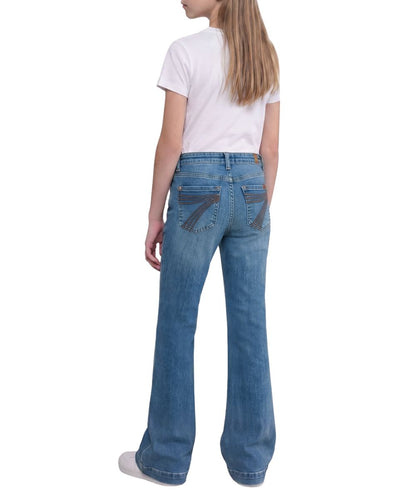 Back view of the girl's 7 For All Mankind Mini Dojo Luxe Vintage Flare Trouser Jean featuring the Sea Level Dark Blue Wash