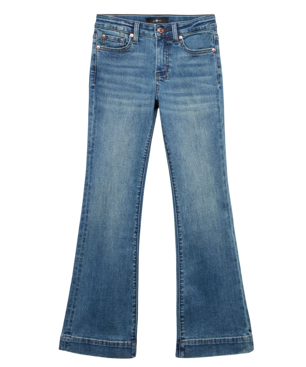 Front view of the girl's mini dojo flare trouser jean featuring the whisker and hand sanding details, five pocket styling, and an internal adjustable waistband