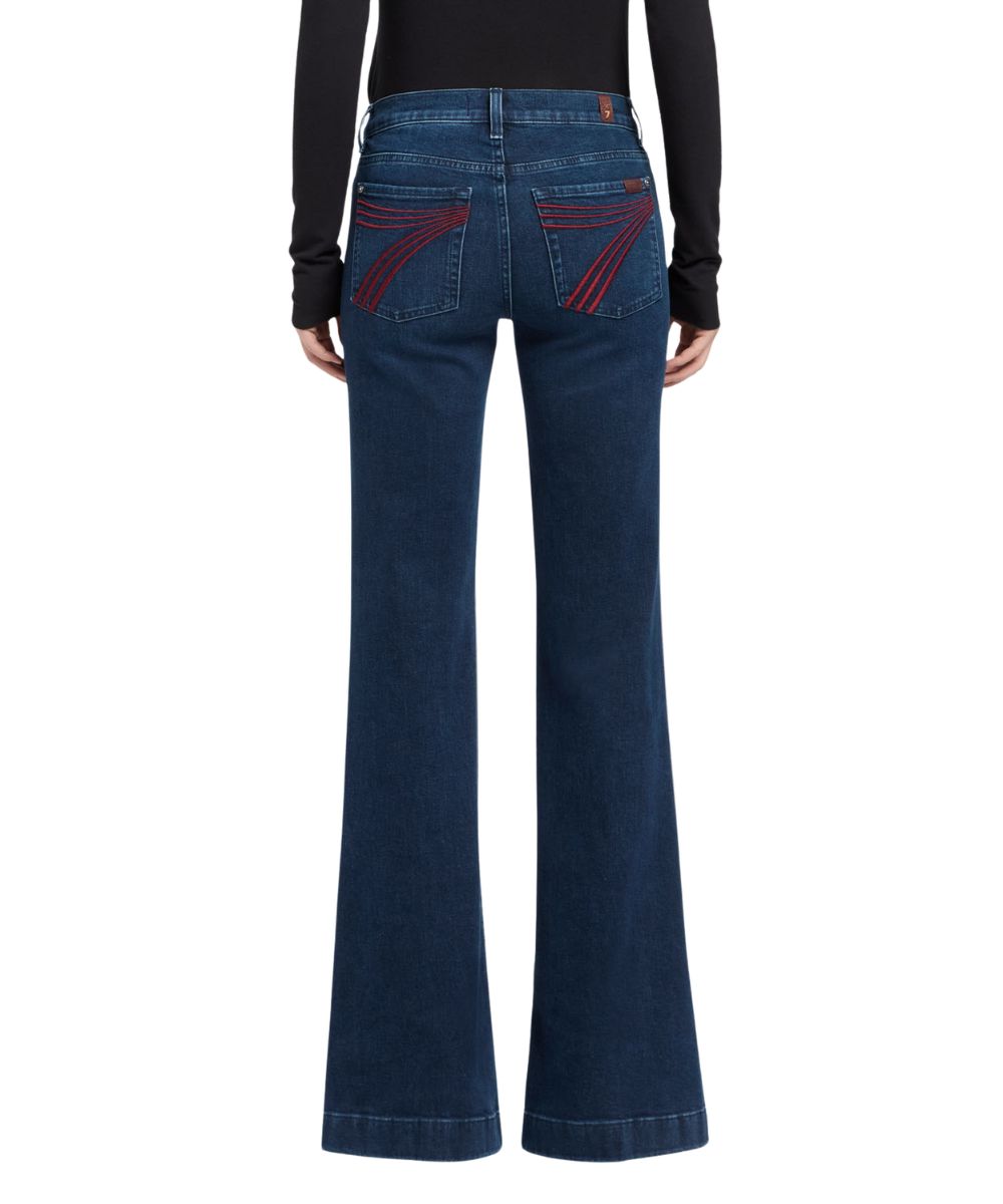 Back view of the women's shadowleaf flare jean featuring the 22" flare leg opening, trouser hem, and dark wash