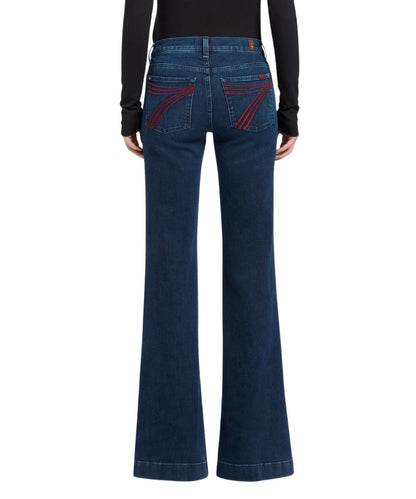 Back view of the women's shadowleaf flare jean featuring the 22" flare leg opening, trouser hem, and dark wash