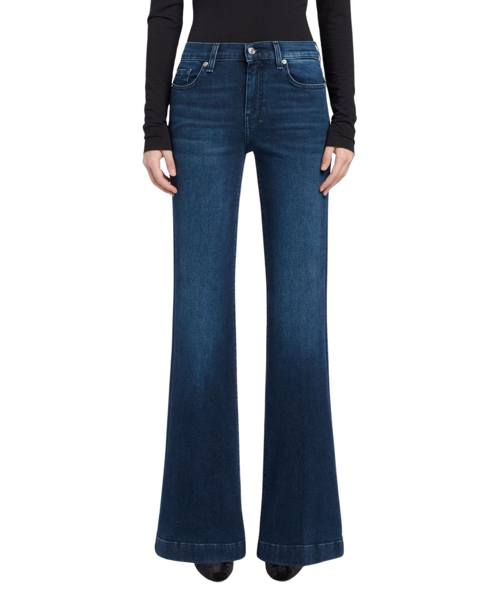Front view of the women's 7 For All Mankind Dojo In Denim Shadowleaf featuring the fitted hips and thighs, mid rise, and trouser hem