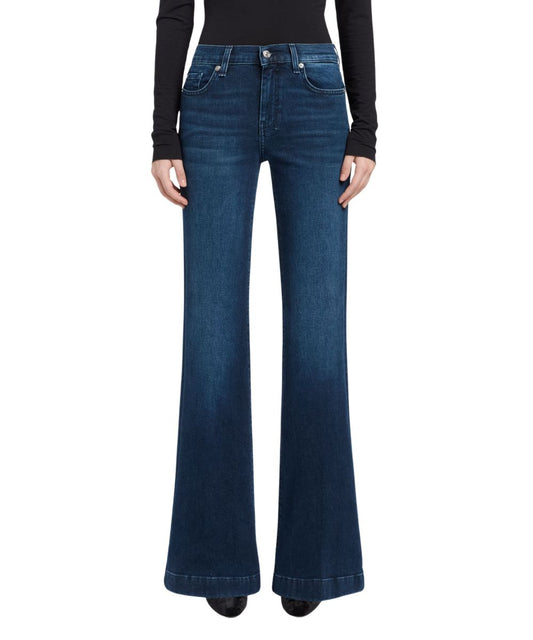 Front view of the women's 7 For All Mankind Dojo In Denim Shadowleaf featuring the fitted hips and thighs, mid rise, and trouser hem
