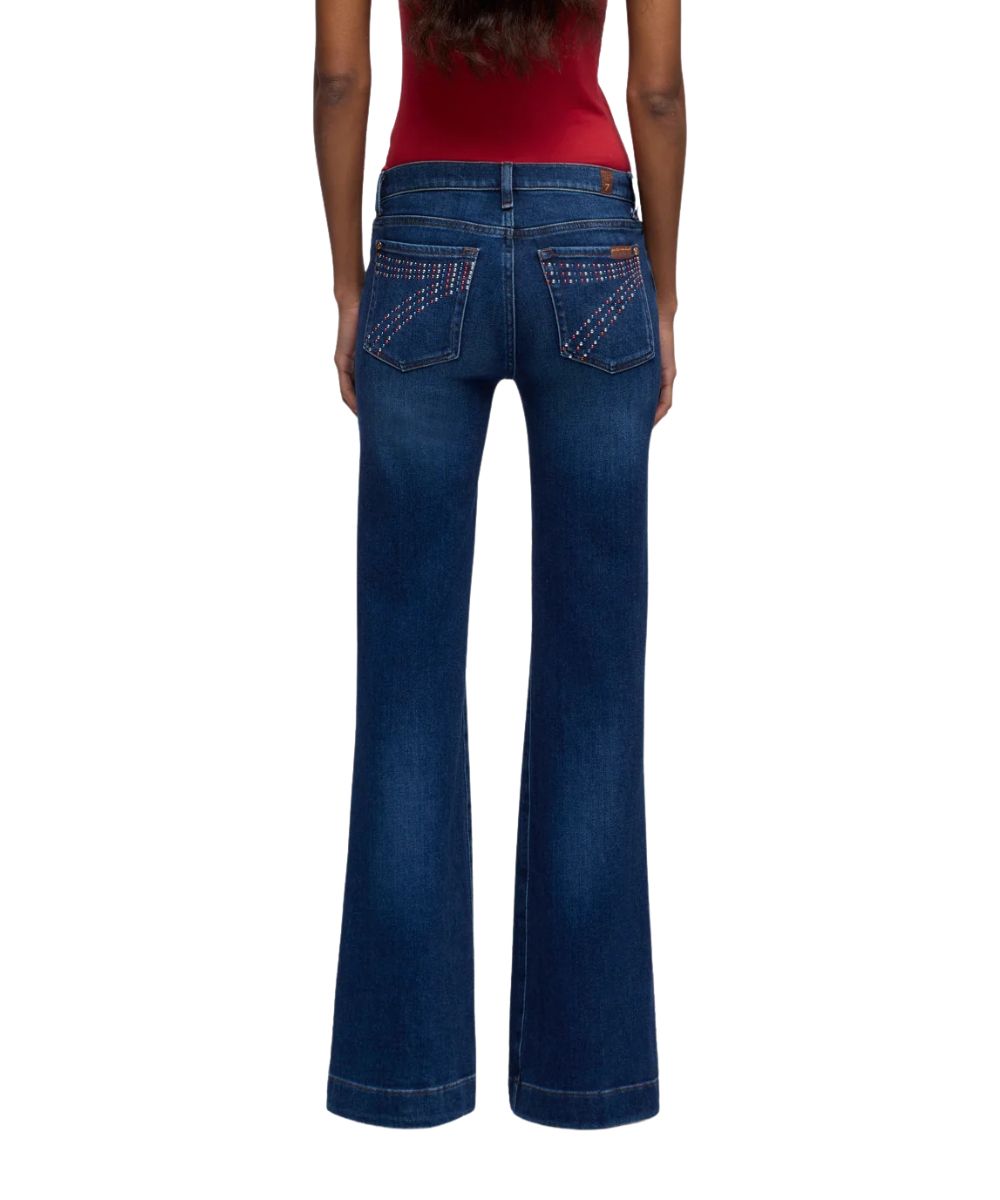 Back view of the women's slim illusion dark wash jean featuring crystal embellished logo back pockets 