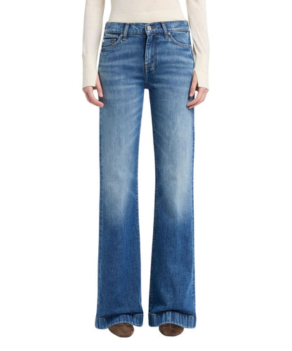Front view of the women's 7 For All Mankind Dojo Flare Trouser Jean featuring the bluefern mid wash color