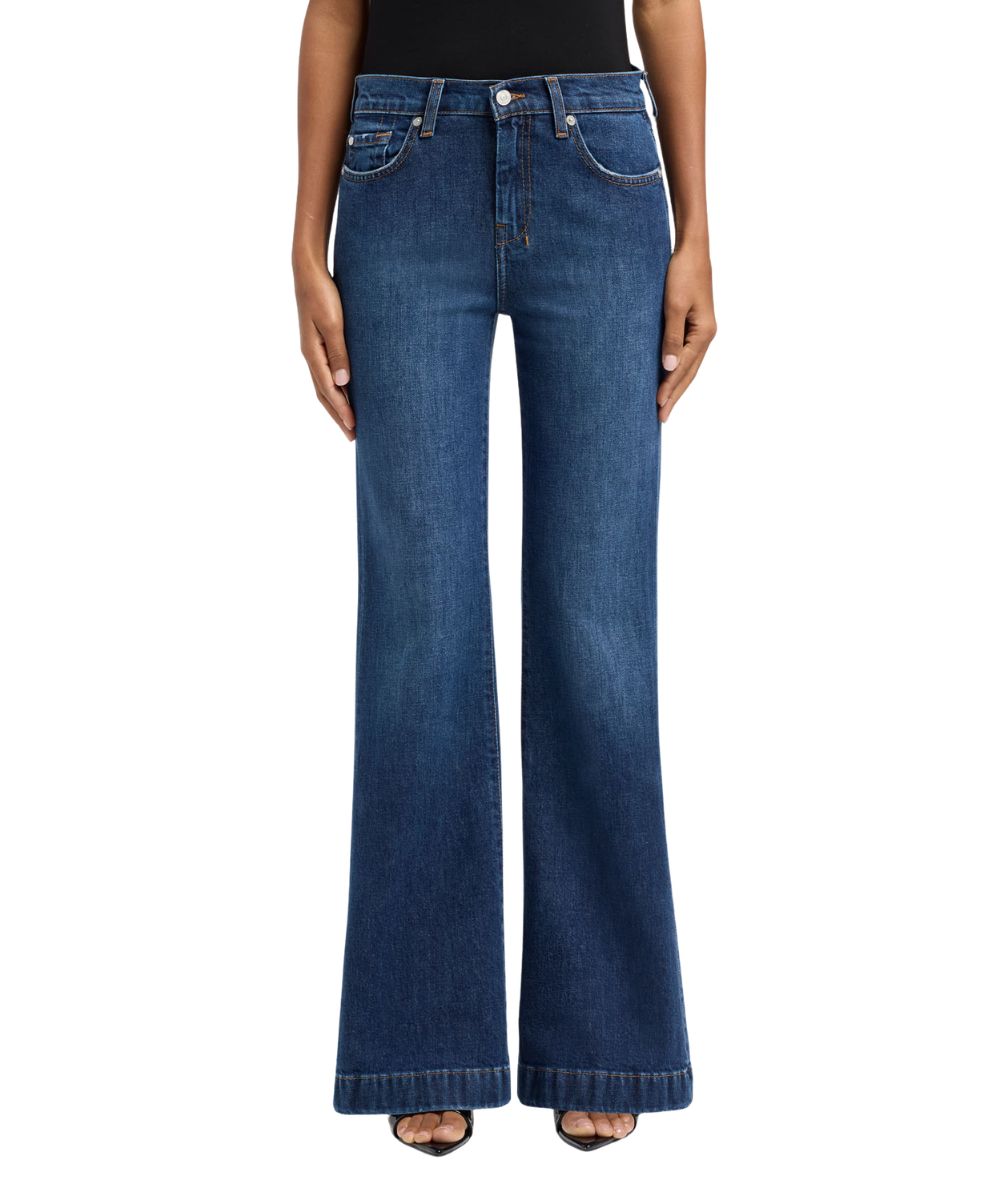 Front view of the women's indiglow flare trouser jean featuring 32" inseam