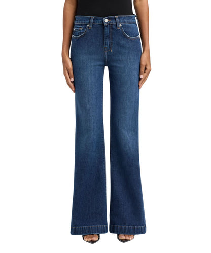 Front view of the women's indiglow flare trouser jean featuring 32" inseam