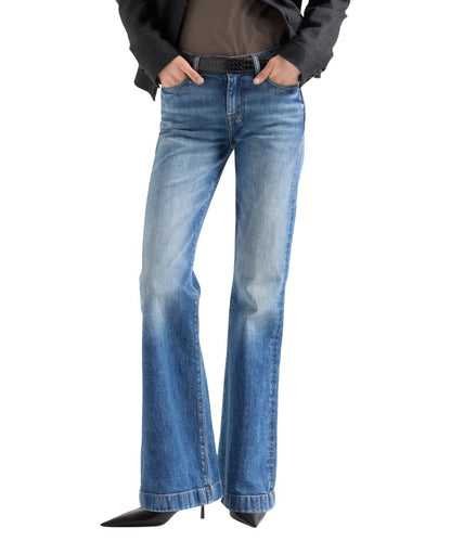 Front view of the women's 7 For All Mankind Dojo Tailorless Flare Trouser Jean in a mid wash bluefern color