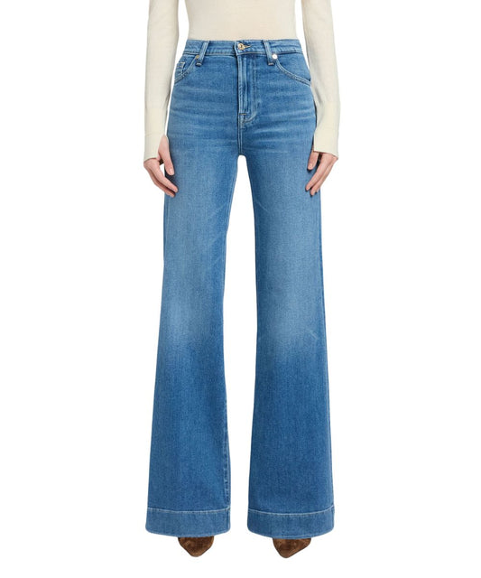 Front view of the women's 7 For All Mankind Marine Modern Dojo Wide Leg Trouser Jean featuring the subtle flare leg