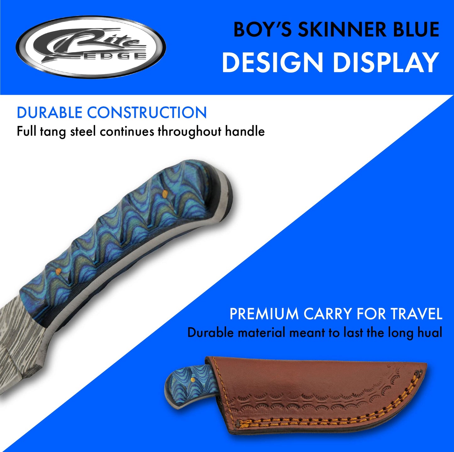 Double D Hunting Sanz Sapphire Damascus Grooved Wood Handle Full Tang Skinner Knife