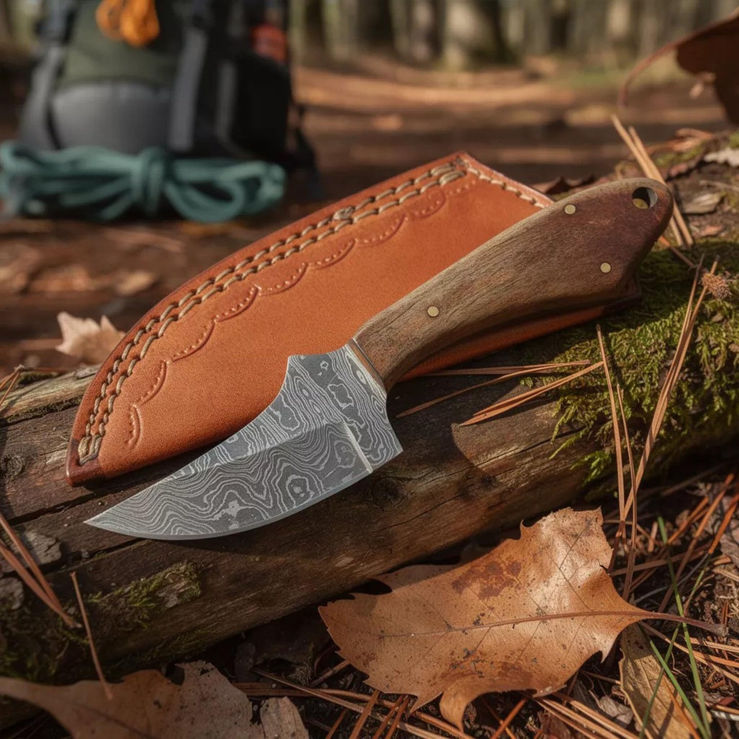 Double D Sanz Walnut Rhino Damascus Bowie Fixed Blade Knife