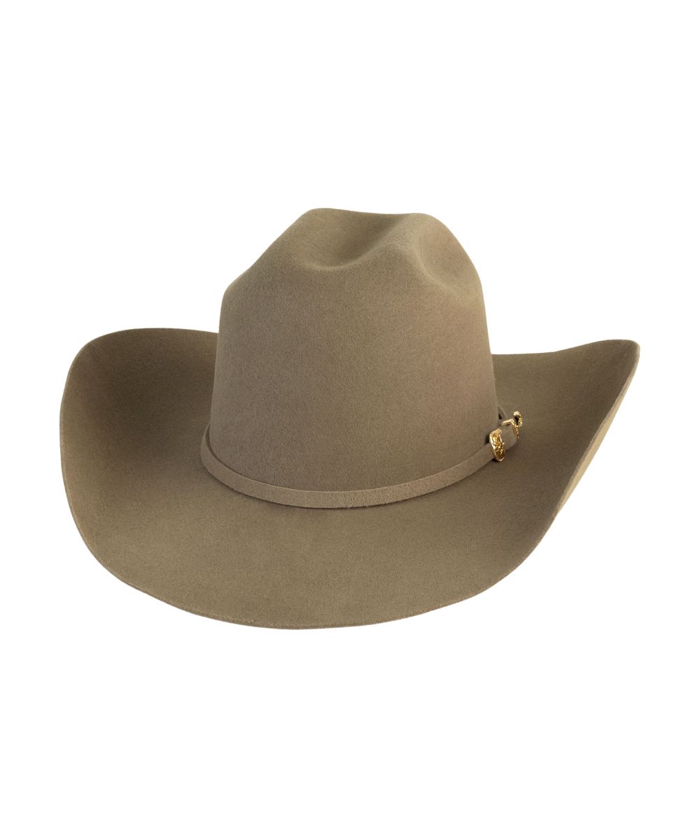 Left angled view of the desert tan Top-Rank 8X Fur Felt Bullhide Hat featuring the 4 1/4" brim and cattleman crown, with a self-felt hat band and gold buckle