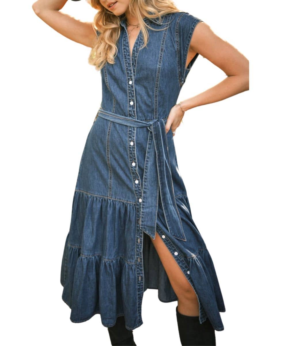 white christmas dresses Blue B Women's Tiered Denim Dress