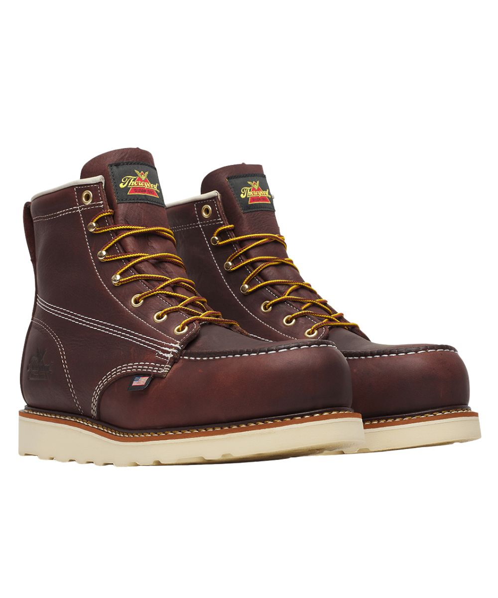 Right angled view of the men's dark brown/black walnut Thorogood Work Boot featuring the 6" shaft, lace-up entry, and nano composite safety toe