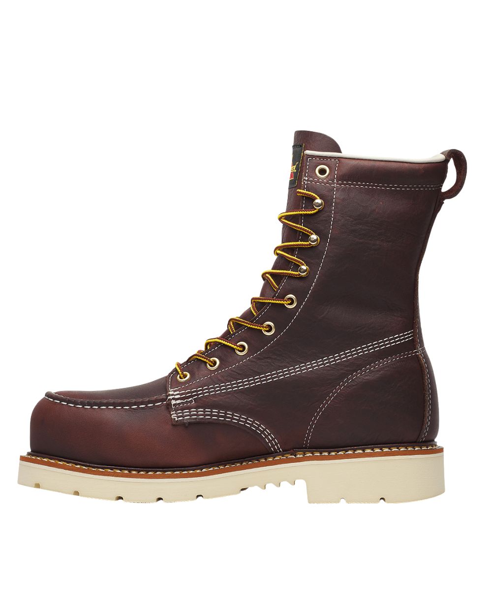Left side view of the men's work boot featuring the black walnut/dark brown full grain American leather upper, lace-up entry, and a heel pull tab