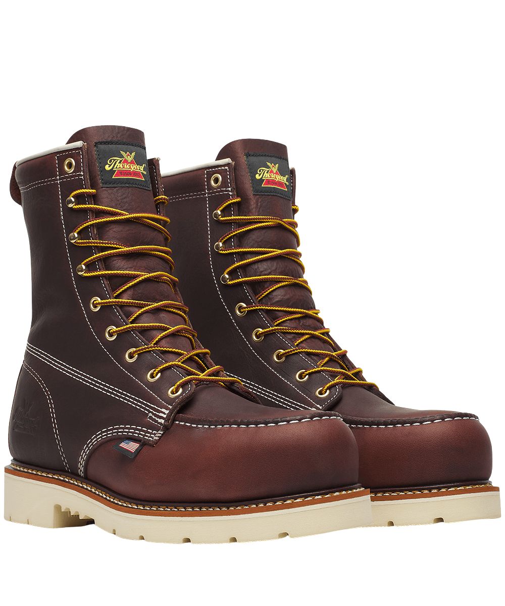 Right angled view of the men's black walnut/dark brown Thorogood Nano Composite Safety Toe Work Boot featuring the 8" leather shaft and lace-up entry