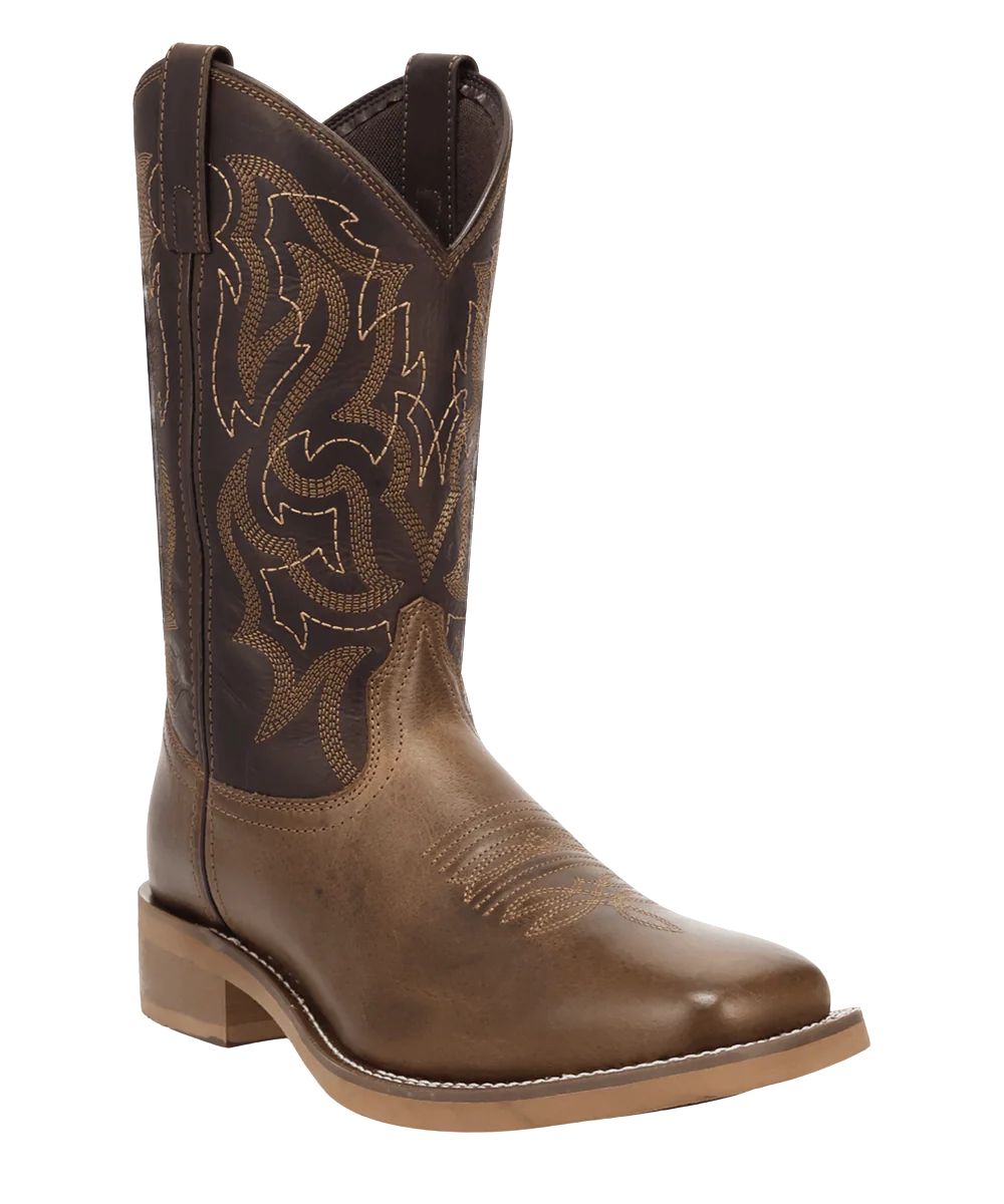 Right angled view of the men's 11" leather western boot featuring a brown vamp and chocolate shaft