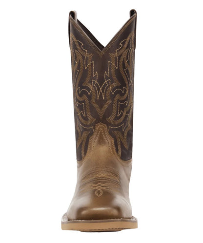 Front facing view of the men's brown western boot featuring contrast stitching on the shaft
